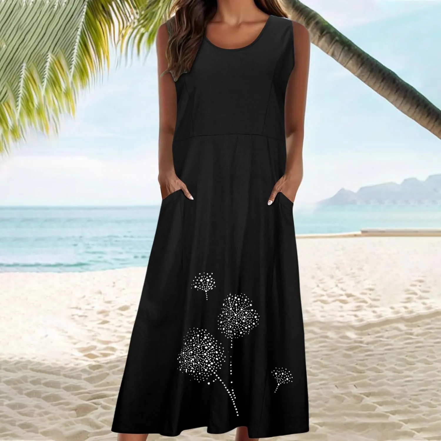 Summer Dresses for Women's 2025 Casual Cotton Linen Crewneck Sleeveless Sundress with Pocket Plus Size Boho Long Dress