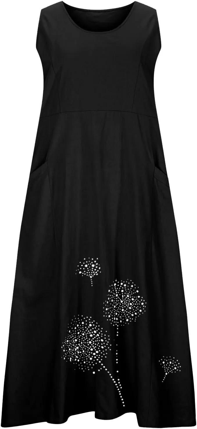 Summer Dresses for Women's 2025 Casual Cotton Linen Crewneck Sleeveless Sundress with Pocket Plus Size Boho Long Dress