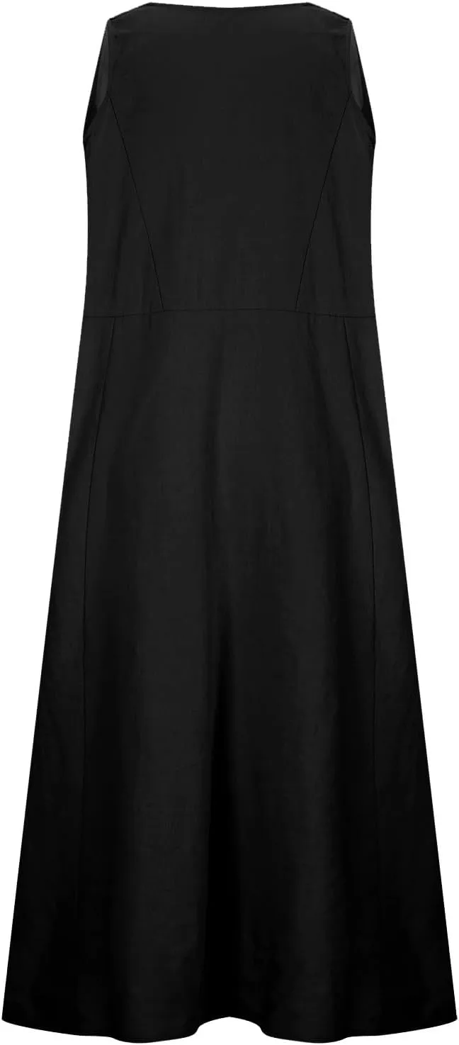 Summer Dresses for Women's 2025 Casual Cotton Linen Crewneck Sleeveless Sundress with Pocket Plus Size Boho Long Dress