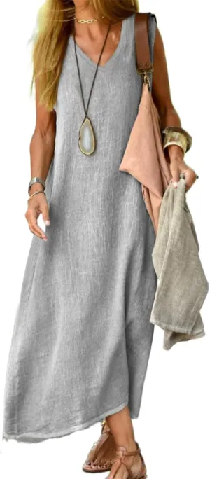 Summer Linen Dress for Women 2024 Casual Cotton Sleeveless Flowy Midi Dress Loose Beach Sundresses Plus Size