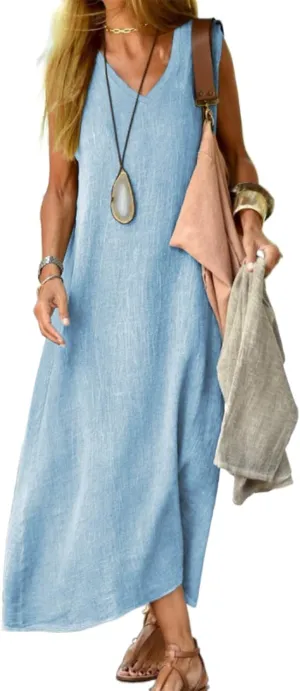 Summer Linen Dress for Women 2024 Casual Cotton Sleeveless Flowy Midi Dress Loose Beach Sundresses Plus Size