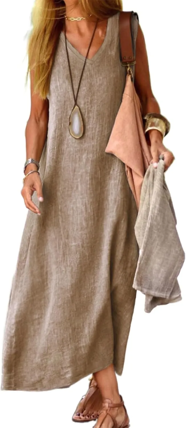 Summer Linen Dress for Women 2024 Casual Cotton Sleeveless Flowy Midi Dress Loose Beach Sundresses Plus Size