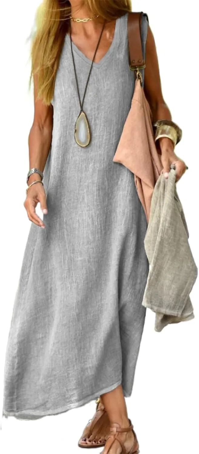 Summer Linen Dress for Women 2024 Casual Cotton Sleeveless Flowy Midi Dress Loose Beach Sundresses Plus Size
