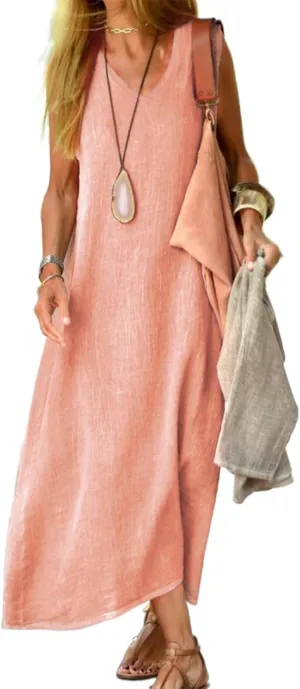 Summer Linen Dress for Women 2024 Casual Cotton Sleeveless Flowy Midi Dress Loose Beach Sundresses Plus Size