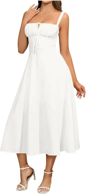 Summer Midi Corset Dress for Women Spaghetti Straps Lace Up A Line Dresses Sleeveless Y2k Square Neck Beach Sundress