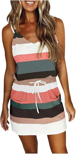 Summer Sundresses for Women Beach Dress Casual V-Neck Sleeveless Bandage Stripe Printing Loose Vest Sling Dress