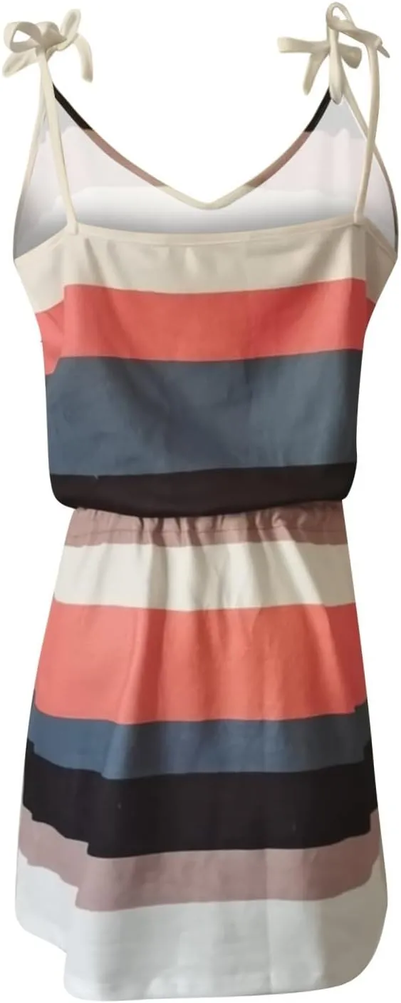 Summer Sundresses for Women Beach Dress Casual V-Neck Sleeveless Bandage Stripe Printing Loose Vest Sling Dress