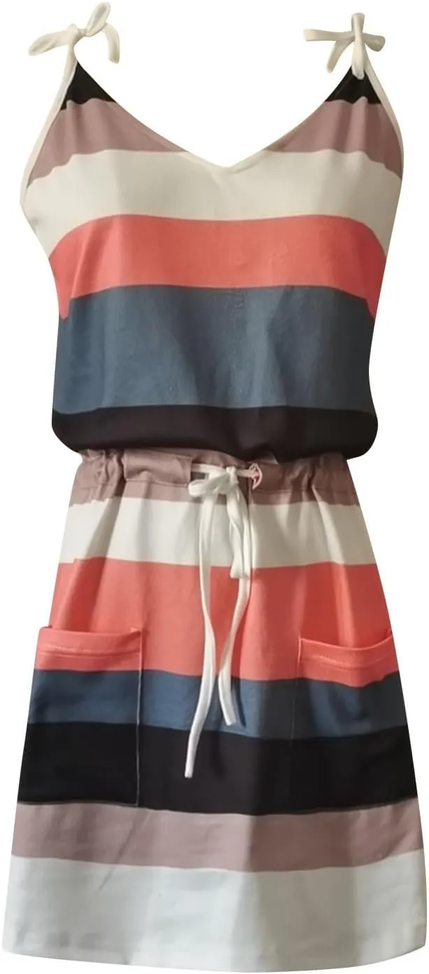 Summer Sundresses for Women Beach Dress Casual V-Neck Sleeveless Bandage Stripe Printing Loose Vest Sling Dress