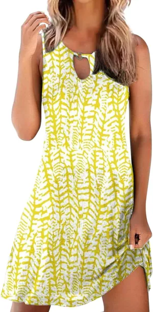 Sun Dresses for Women 2025 Vacation Sleeveless Floral Mini Dress O-Ring Neck Swing Flowy Sundress Beach Clothes