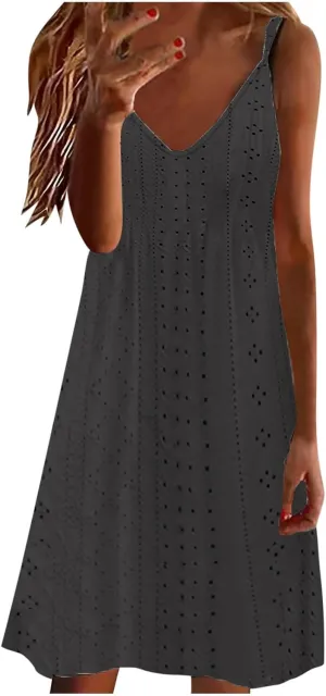 Sundresses for Women Casual Beach Lace Eyelet Dress Sexy Spaghetti Strap v Neck Flowy Summer Dresses Vacation Outfits