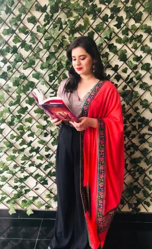 Tehzeeb Rose Pink Wool Shawl With Kalamkari Border
