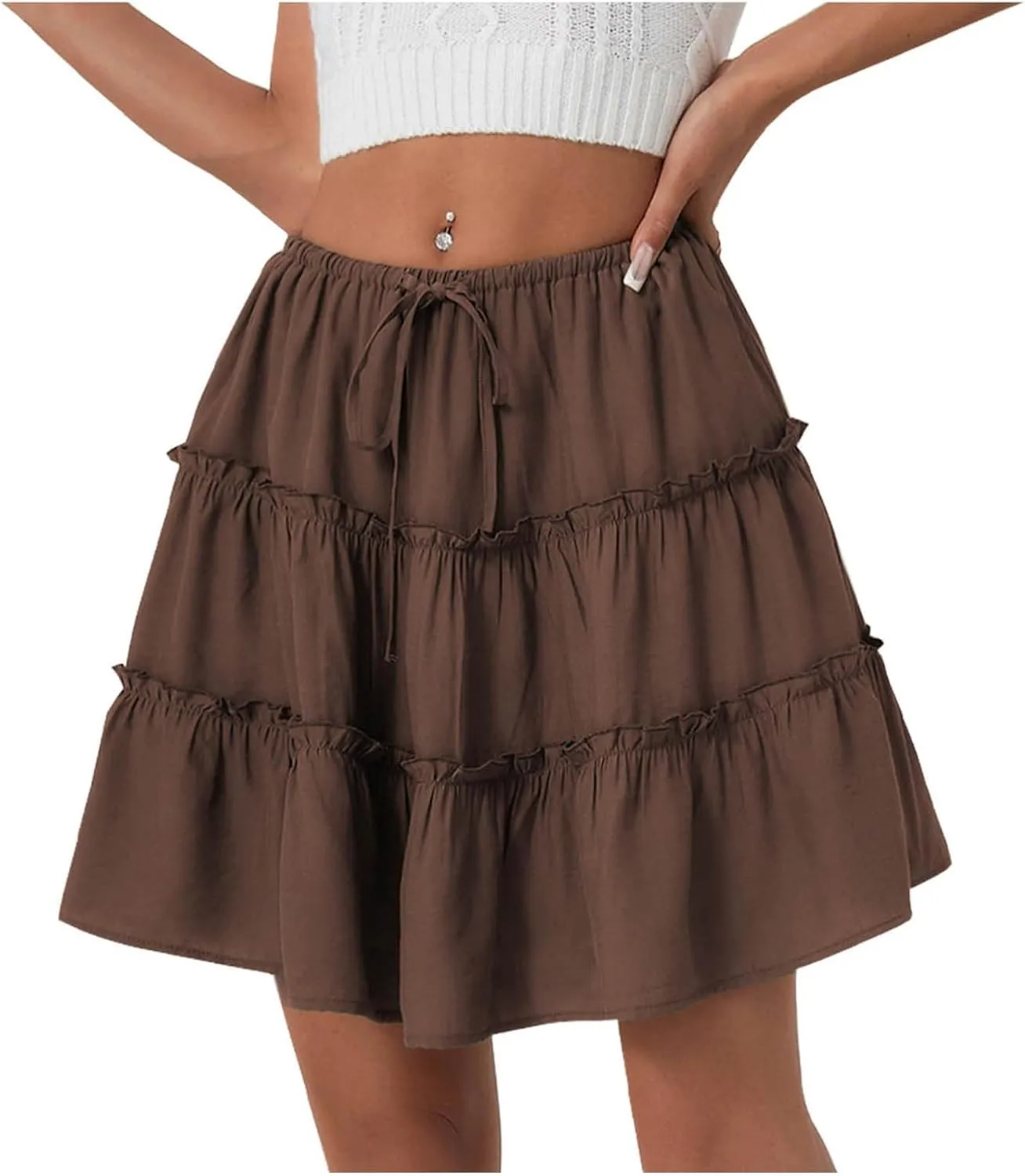TUNUSKAT Womens Summer Flowy Mini Skirts 2025 Trendy Ruffle Tiered Boho Skorts Cute Elastic High Waisted A Linen Short Skirt