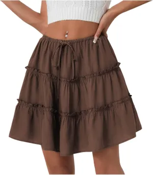 TUNUSKAT Womens Summer Flowy Mini Skirts 2025 Trendy Ruffle Tiered Boho Skorts Cute Elastic High Waisted A Linen Short Skirt