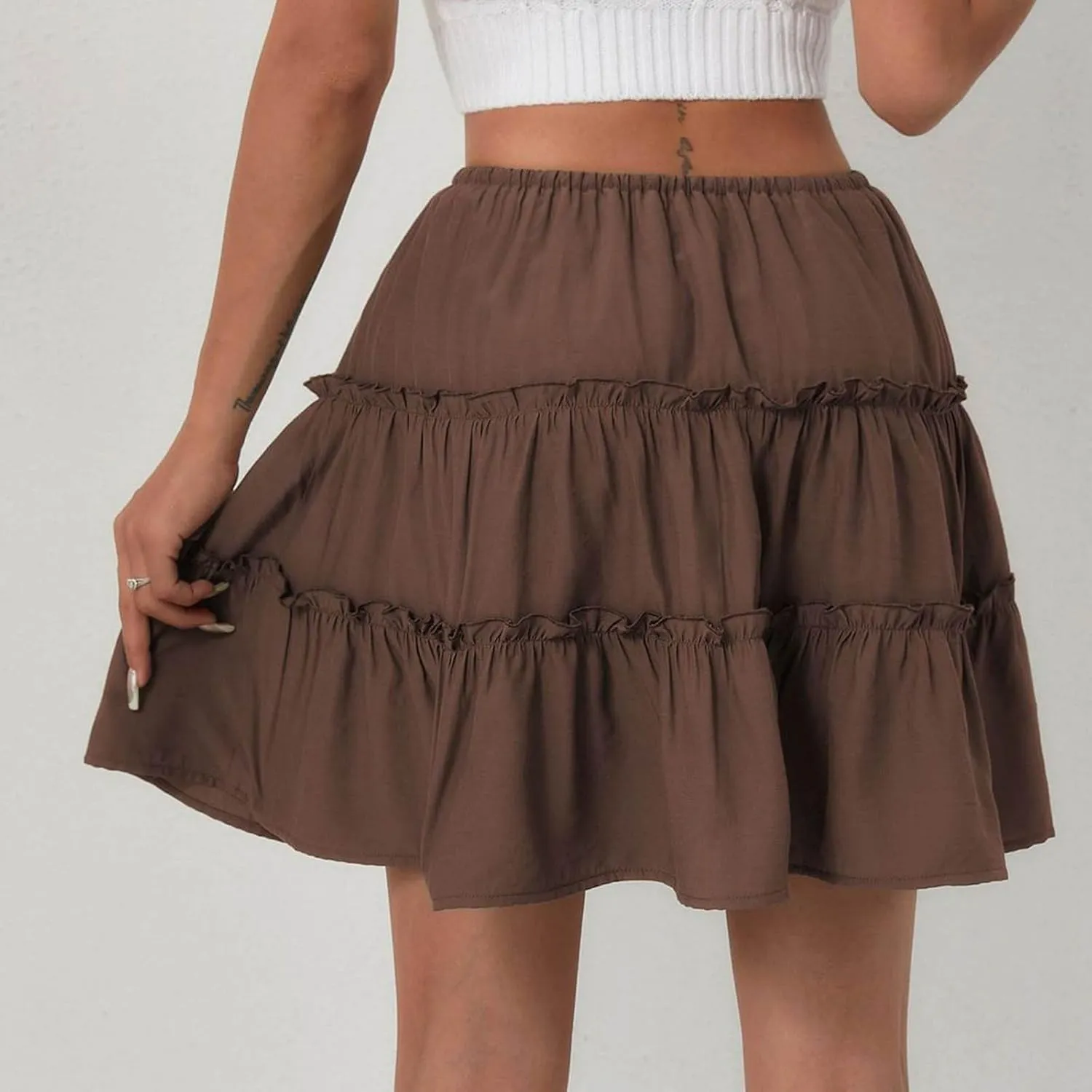 TUNUSKAT Womens Summer Flowy Mini Skirts 2025 Trendy Ruffle Tiered Boho Skorts Cute Elastic High Waisted A Linen Short Skirt