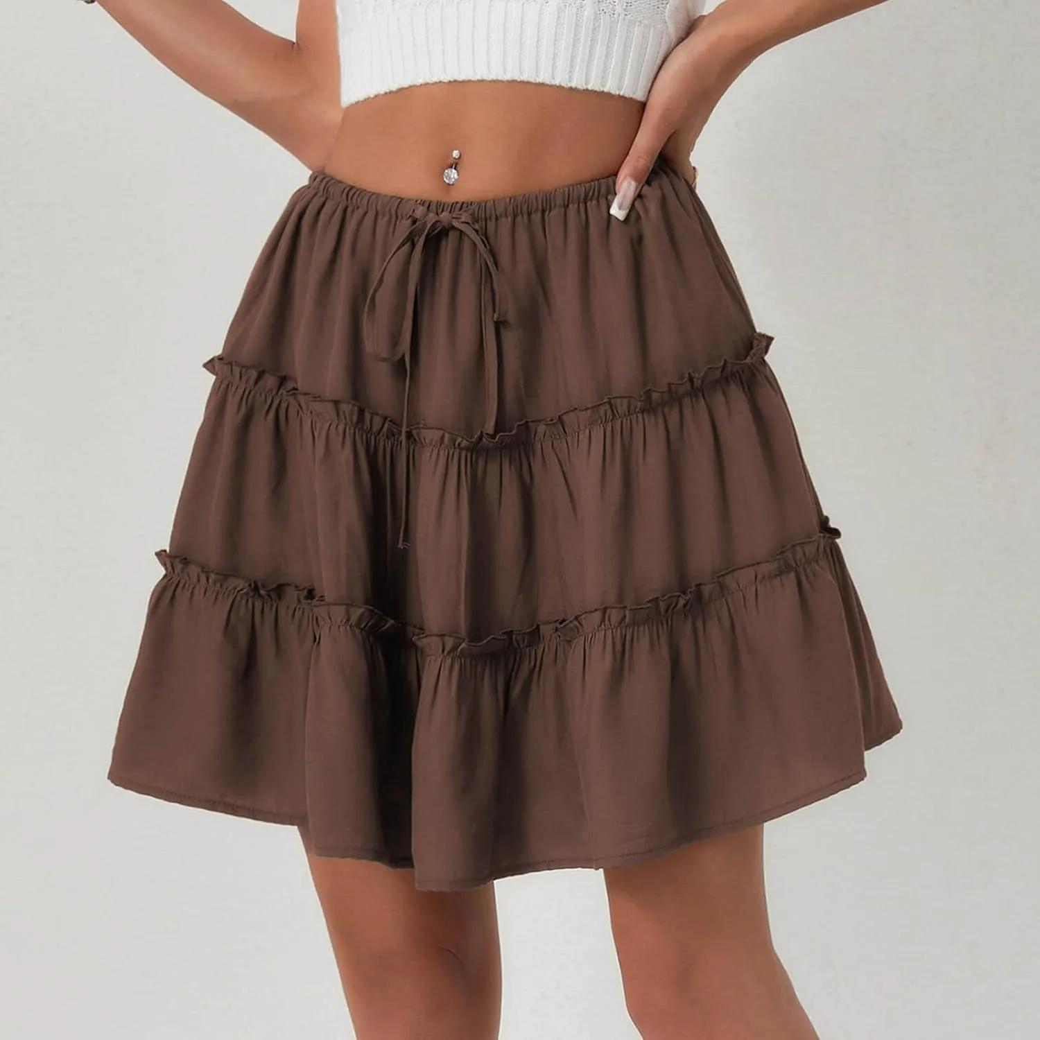 TUNUSKAT Womens Summer Flowy Mini Skirts 2025 Trendy Ruffle Tiered Boho Skorts Cute Elastic High Waisted A Linen Short Skirt