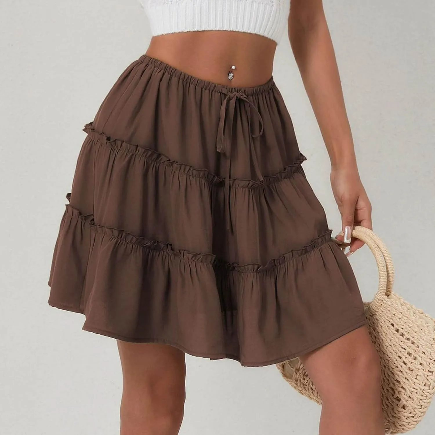 TUNUSKAT Womens Summer Flowy Mini Skirts 2025 Trendy Ruffle Tiered Boho Skorts Cute Elastic High Waisted A Linen Short Skirt