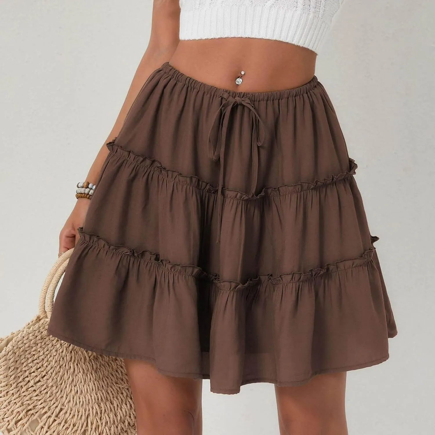 TUNUSKAT Womens Summer Flowy Mini Skirts 2025 Trendy Ruffle Tiered Boho Skorts Cute Elastic High Waisted A Linen Short Skirt