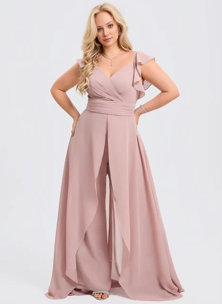 V Neck Chiffon Bridesmaid Pantsuits Ruffles Cap Sleeve Formal Jumpsuit Wedding Guest Dress JYH37
