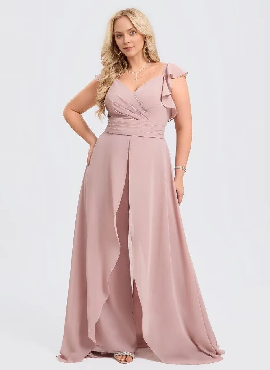 V Neck Chiffon Bridesmaid Pantsuits Ruffles Cap Sleeve Formal Jumpsuit Wedding Guest Dress JYH37