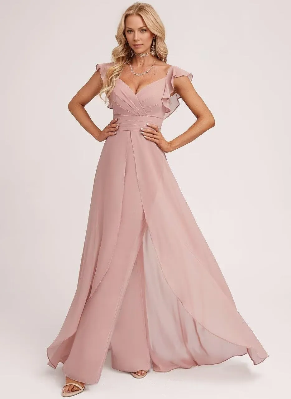 V Neck Chiffon Bridesmaid Pantsuits Ruffles Cap Sleeve Formal Jumpsuit Wedding Guest Dress JYH37