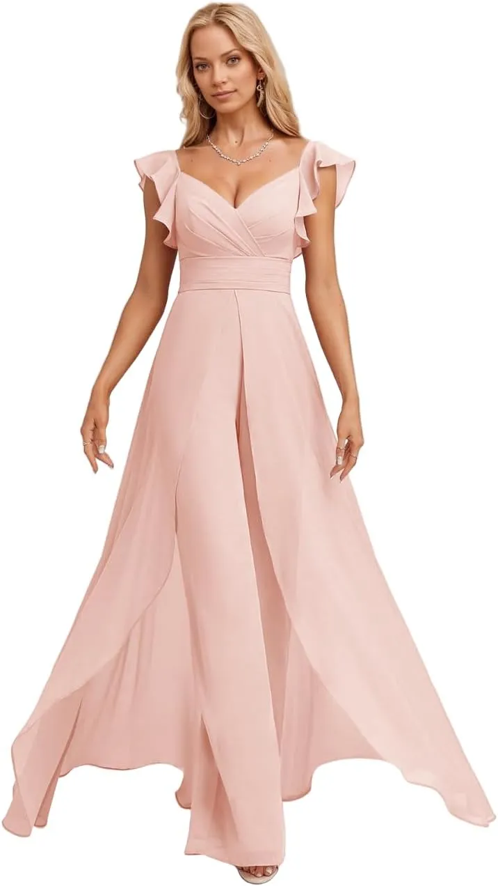 V Neck Chiffon Bridesmaid Pantsuits Ruffles Cap Sleeve Formal Jumpsuit Wedding Guest Dress JYH37