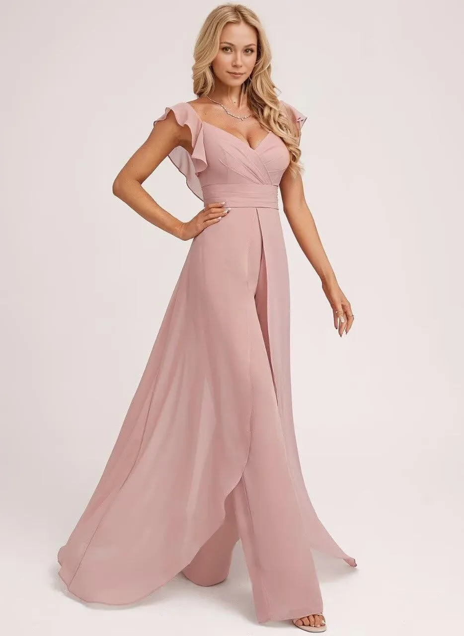 V Neck Chiffon Bridesmaid Pantsuits Ruffles Cap Sleeve Formal Jumpsuit Wedding Guest Dress JYH37