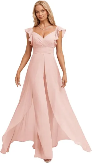 V Neck Chiffon Bridesmaid Pantsuits Ruffles Cap Sleeve Formal Jumpsuit Wedding Guest Dress JYH37