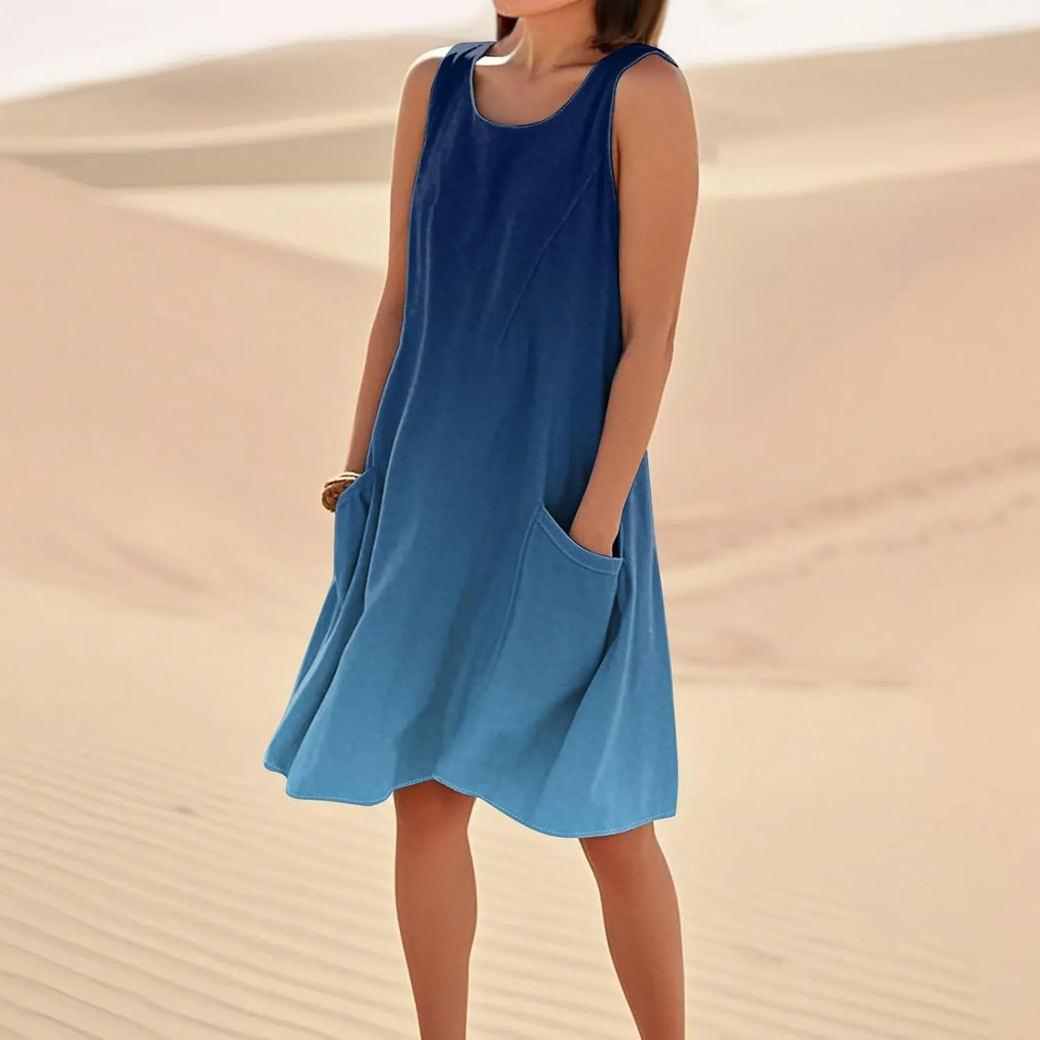 Vacation Dresses for Women 2025 Beach Summer Sleeveless Linen Midi Dress Flowy Plus Size Boho Sun Dresses with Pocket