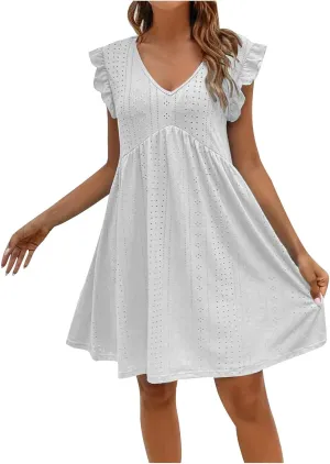 Vacation Dresses for Women 2025 Wedding Guest Mini Dresses 2025 Casual V Neck Ruffle Dress Summer Vacation Sundress