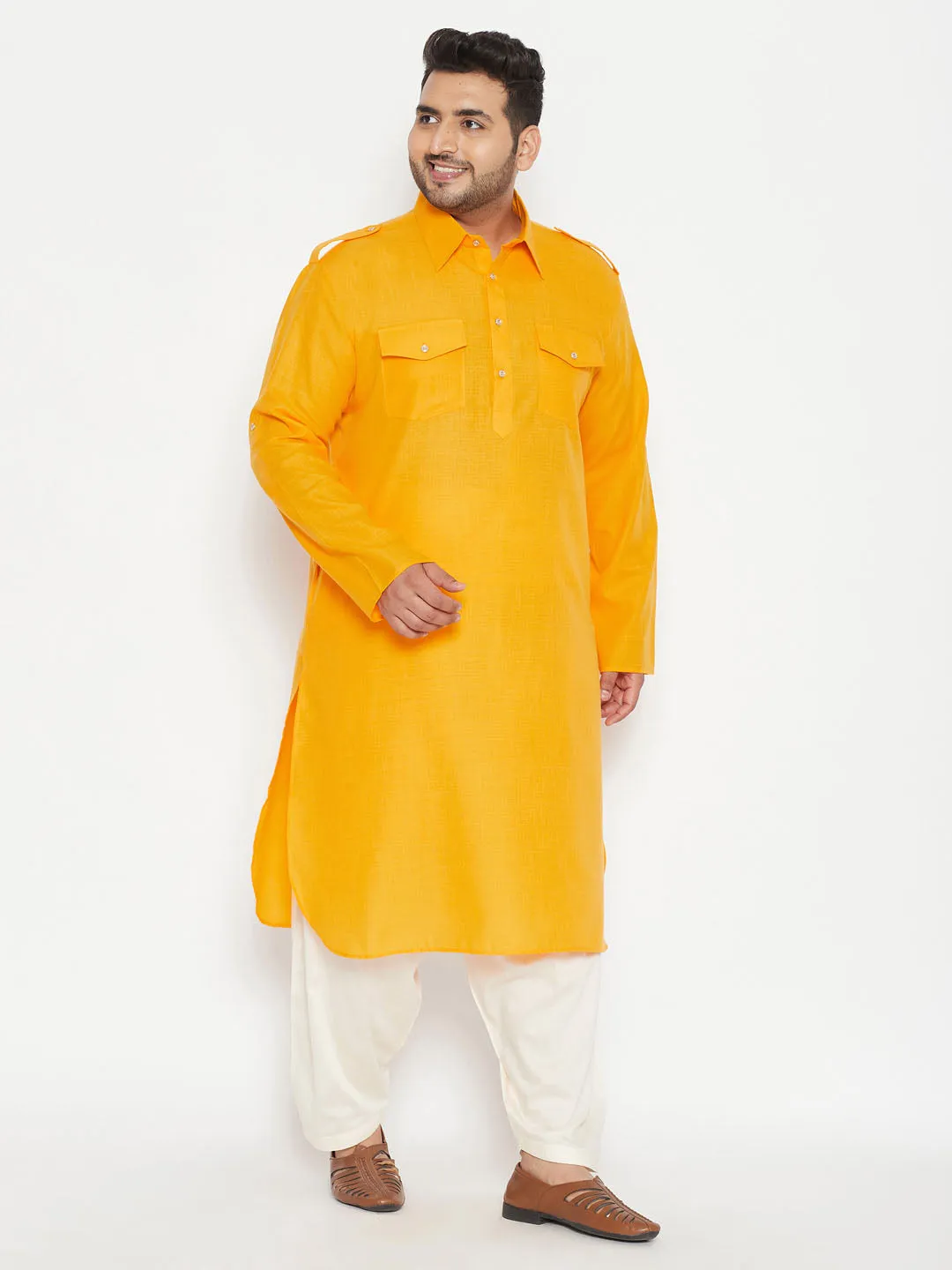 Vastramay Men's Mustard Cream Pathani Set