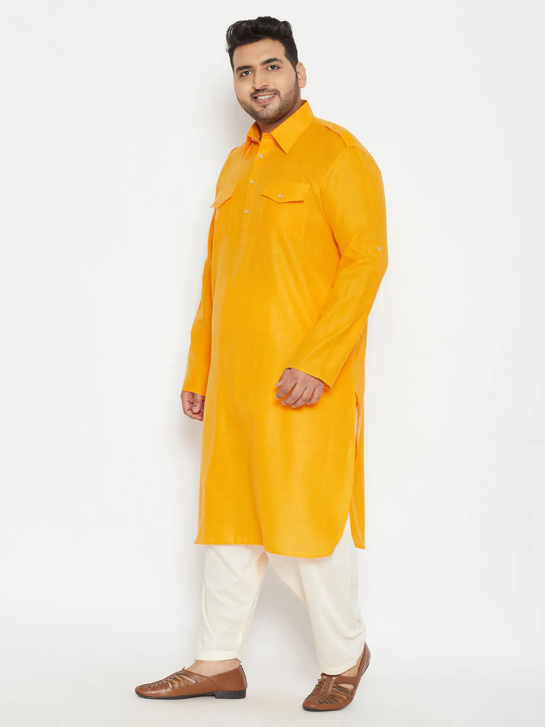 Vastramay Men's Mustard Cream Pathani Set