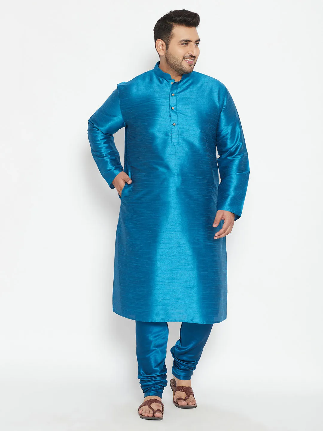 Vastramay Turquoise Silk Blend Kurta Pyjama Set