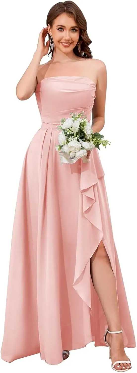 VCCICANY Chiffon Spaghetti Straps Bridesmaid Dresses for Women Strapless Ruffle Ruched Long Formal Dress with Slit