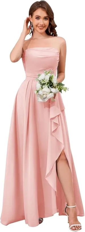 VCCICANY Chiffon Spaghetti Straps Bridesmaid Dresses for Women Strapless Ruffle Ruched Long Formal Dress with Slit