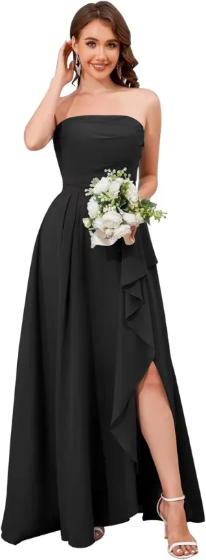 VCCICANY Chiffon Spaghetti Straps Bridesmaid Dresses for Women Strapless Ruffle Ruched Long Formal Dress with Slit