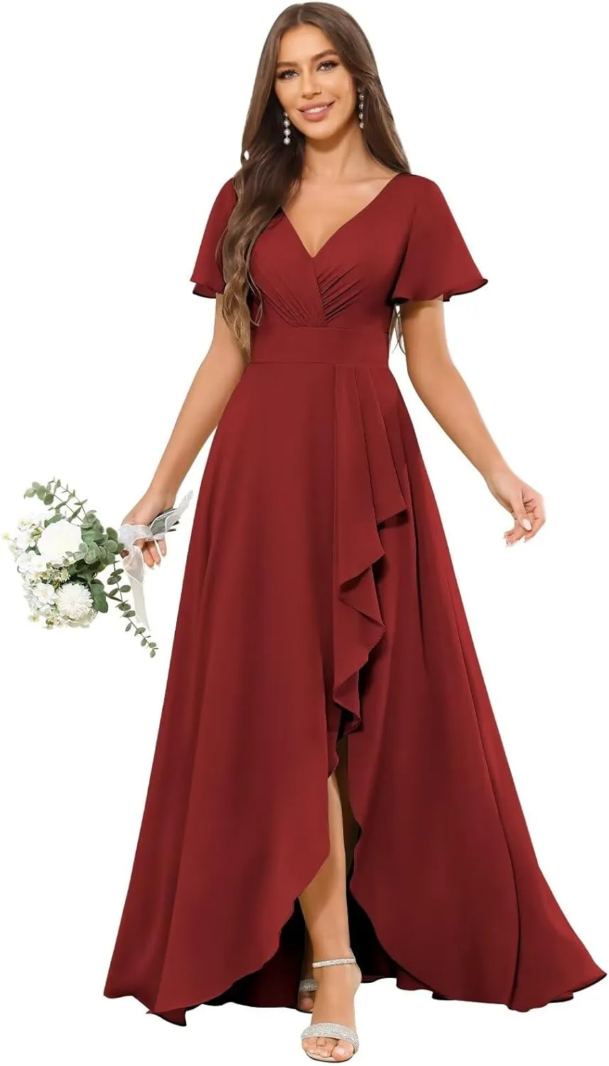 VCCICANY Short Sleeve Bridesmaid Dresses for Women V Neck Chiffon Ruched Long Formal Dress with Ruffle Slit