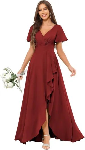 VCCICANY Short Sleeve Bridesmaid Dresses for Women V Neck Chiffon Ruched Long Formal Dress with Ruffle Slit