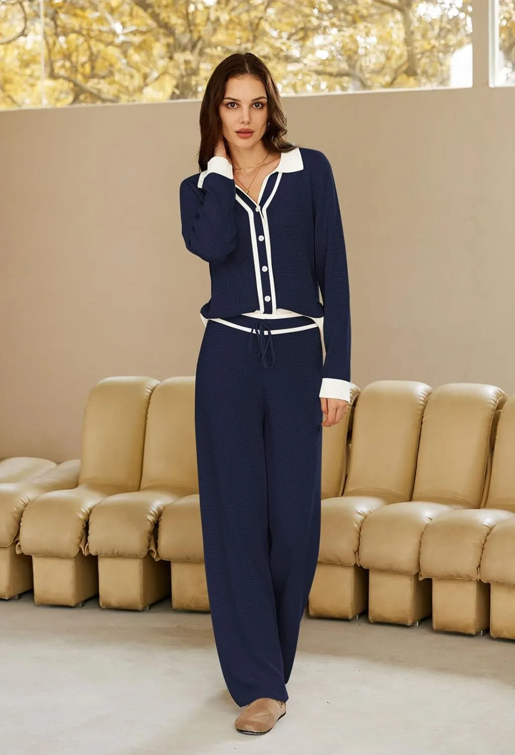 Viottiset Women's 2 Piece Outfits Sweatsuit Set Long Sleeve Button Sweatshirt Wide Leg Sweatpants Lounge Set Tracksuit
