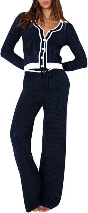Viottiset Women's 2 Piece Outfits Sweatsuit Set Long Sleeve Button Sweatshirt Wide Leg Sweatpants Lounge Set Tracksuit