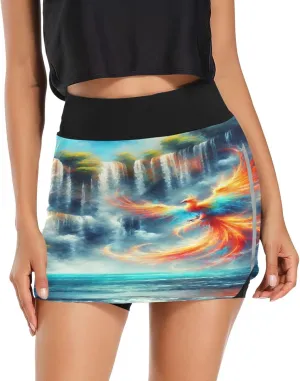 Waterfall Phoenix Tennis Skirts for Women - High Waisted Athletic Golf Skorts Built-in Shorts with Pockets