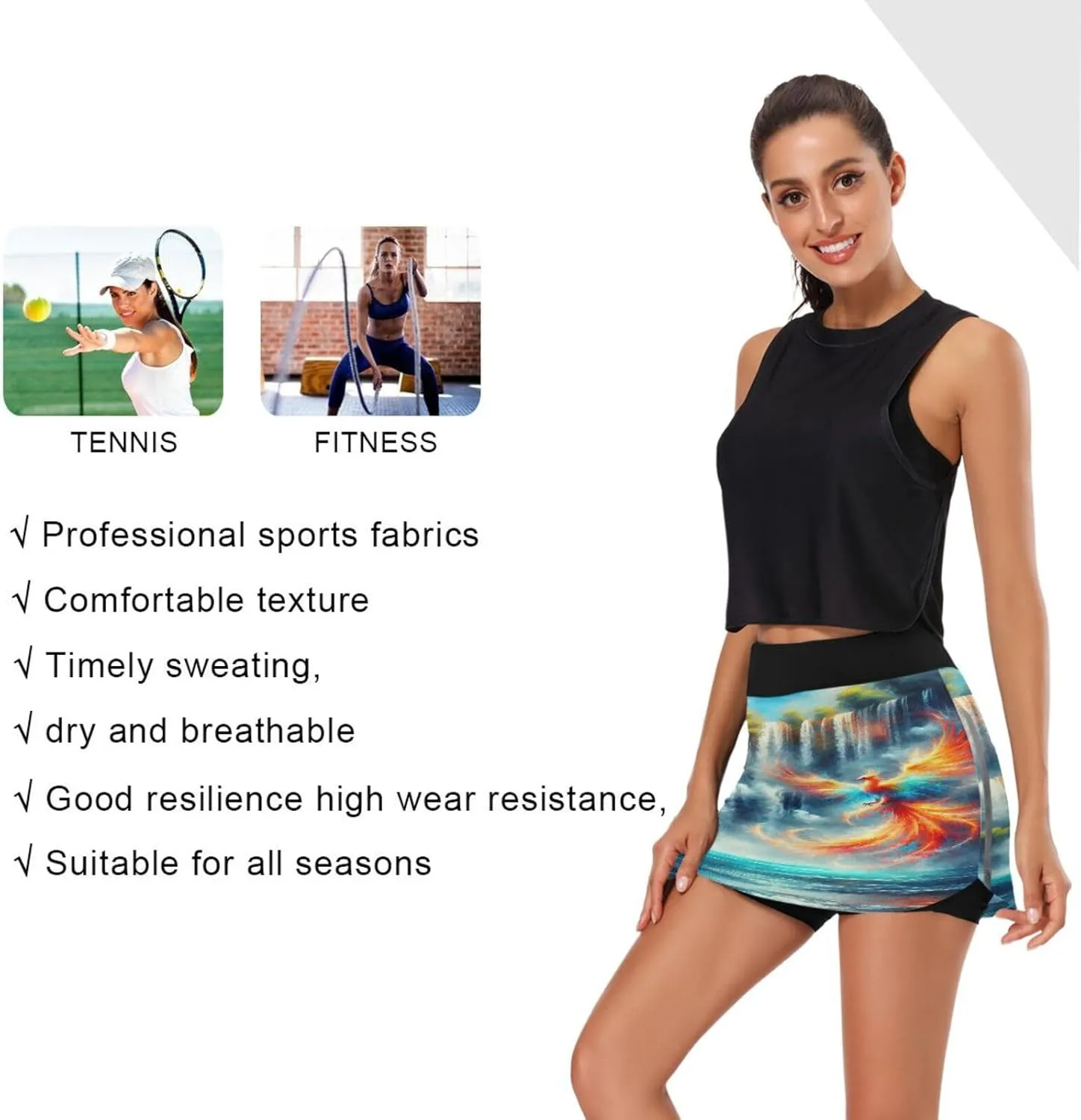 Waterfall Phoenix Tennis Skirts for Women - High Waisted Athletic Golf Skorts Built-in Shorts with Pockets