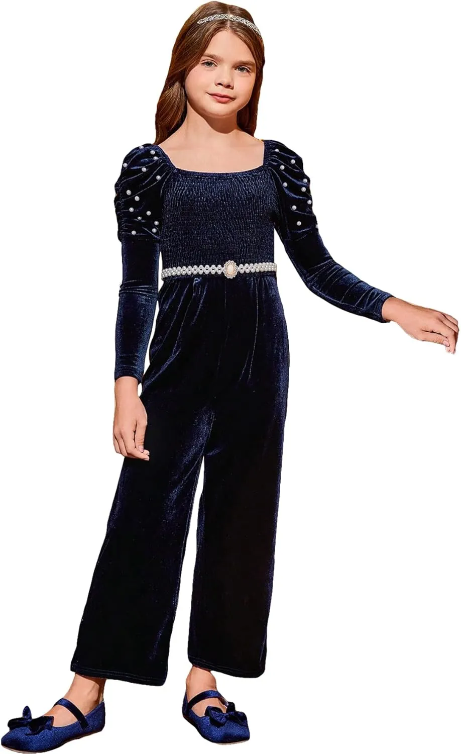 WDIRARA Girl's Pearls Beaded Velvet Wide Leg Jumpsuit Square Neck Gigot Long Sleeve Rompers Pants