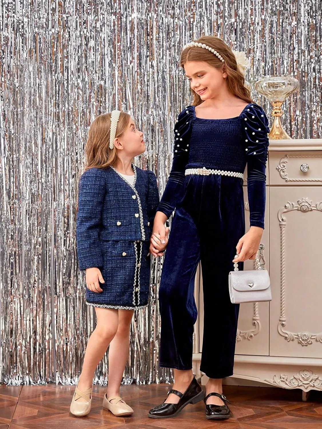 WDIRARA Girl's Pearls Beaded Velvet Wide Leg Jumpsuit Square Neck Gigot Long Sleeve Rompers Pants