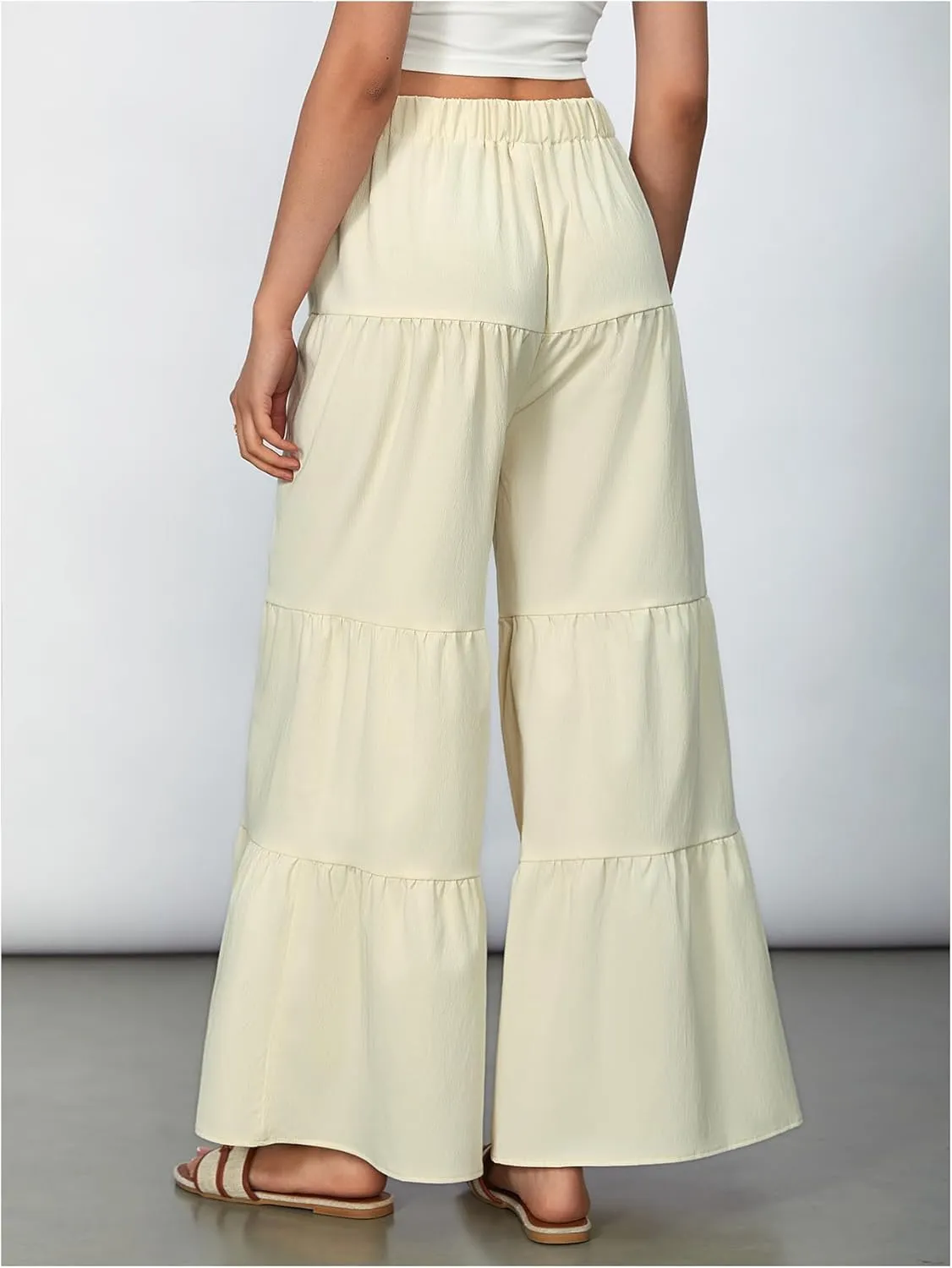WDIRARA Women's Flowy Boho Elastic High Waist Ruffle Hem Wide Leg Beach Loose Palazzo Pants