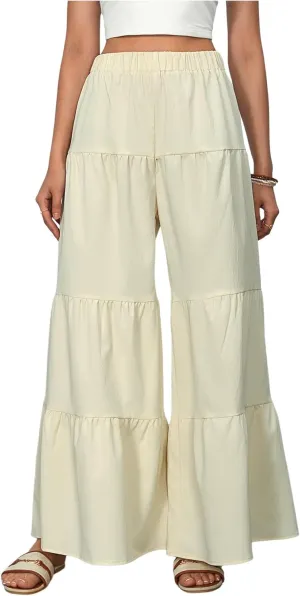 WDIRARA Women's Flowy Boho Elastic High Waist Ruffle Hem Wide Leg Beach Loose Palazzo Pants