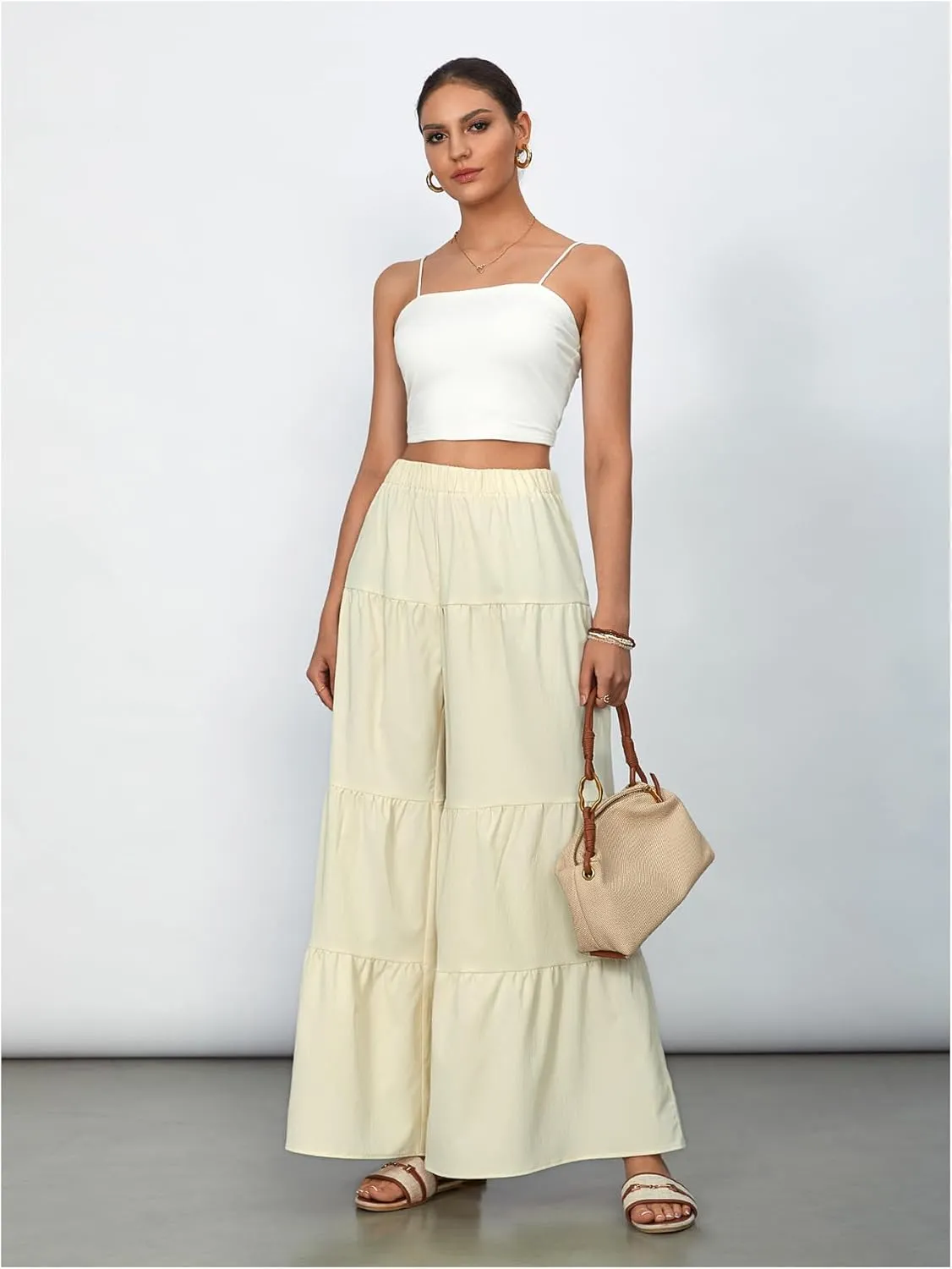 WDIRARA Women's Flowy Boho Elastic High Waist Ruffle Hem Wide Leg Beach Loose Palazzo Pants