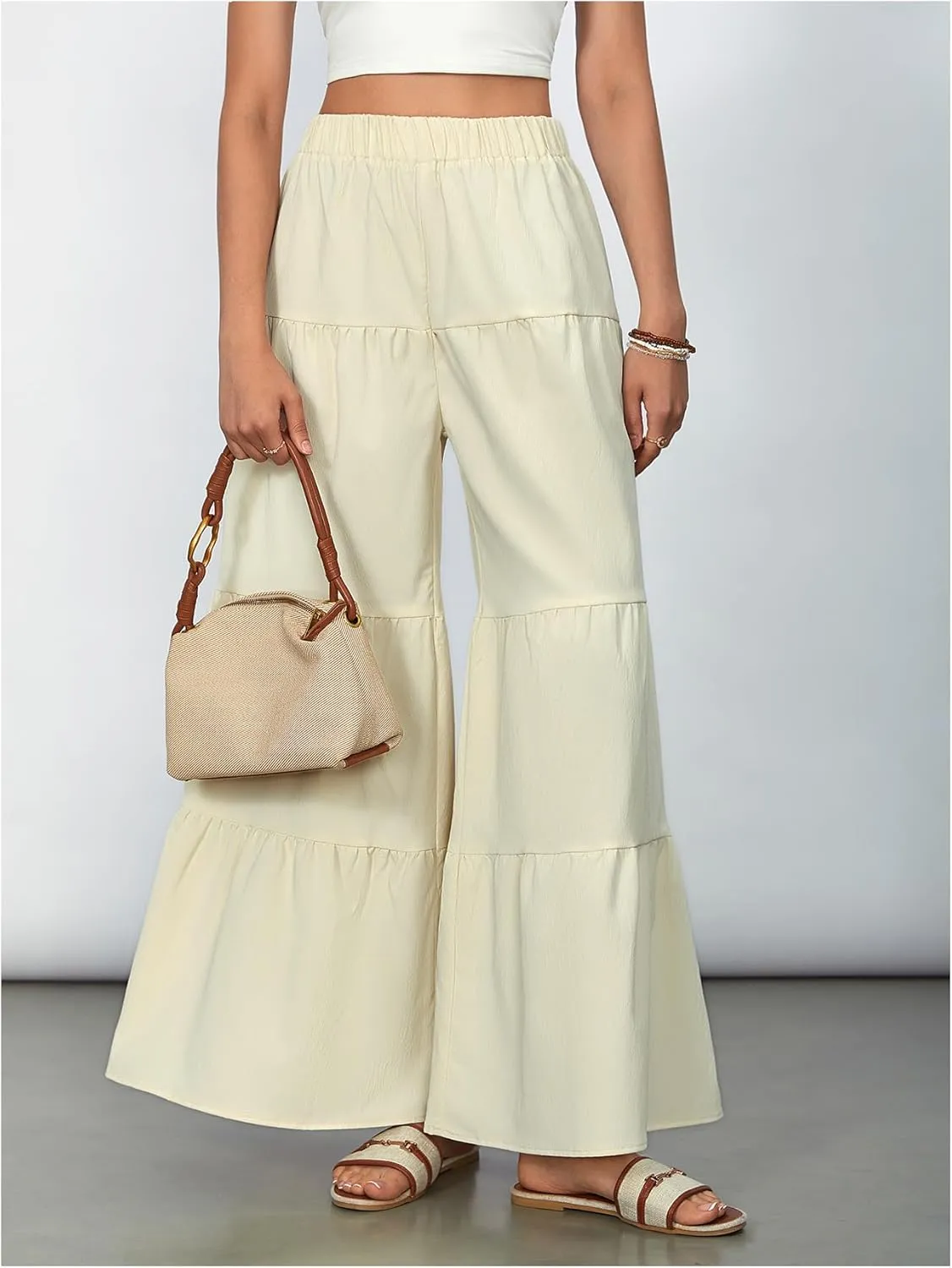 WDIRARA Women's Flowy Boho Elastic High Waist Ruffle Hem Wide Leg Beach Loose Palazzo Pants
