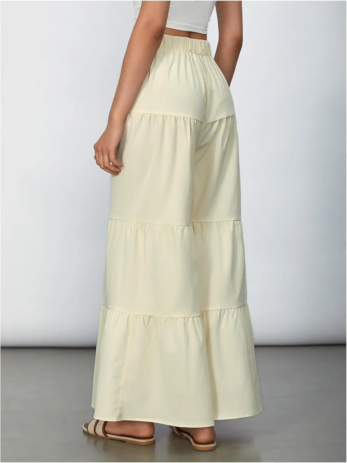 WDIRARA Women's Flowy Boho Elastic High Waist Ruffle Hem Wide Leg Beach Loose Palazzo Pants