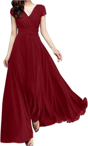 Wedding Guest Dresses for Women Chiffon Cap Sleeve V Neck Maxi Length Evening Ball Gowns Flowy Bridesmaid Dresses