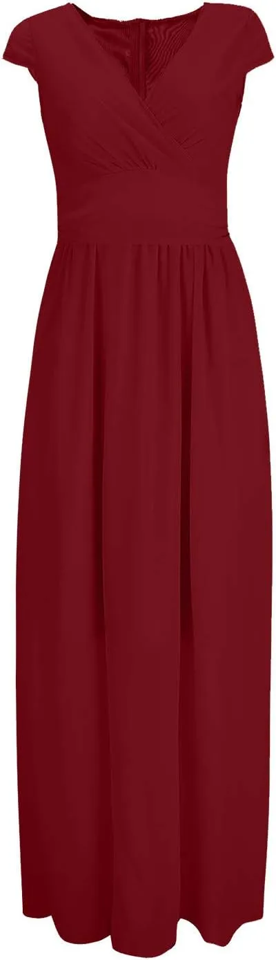 Wedding Guest Dresses for Women Chiffon Cap Sleeve V Neck Maxi Length Evening Ball Gowns Flowy Bridesmaid Dresses